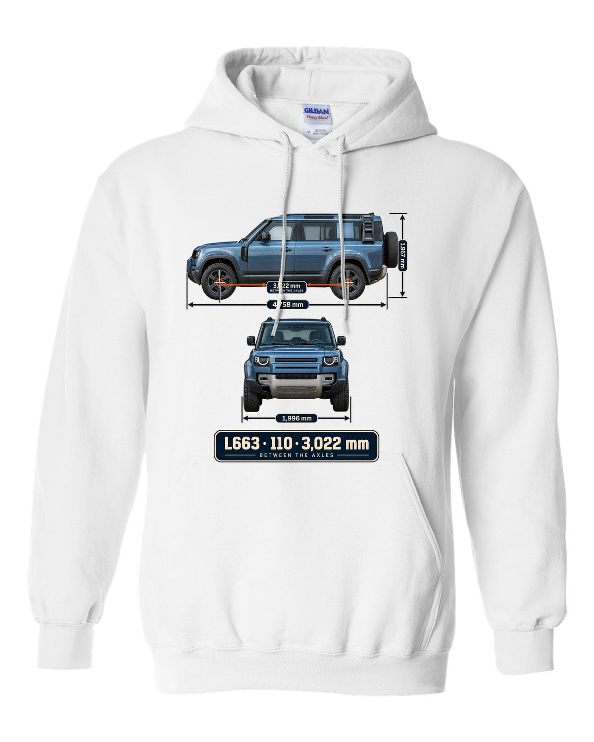 Dimension blueprint print of the Land Rover Defender 110 L663 with wheelbase white pull over hoodie front view with the design