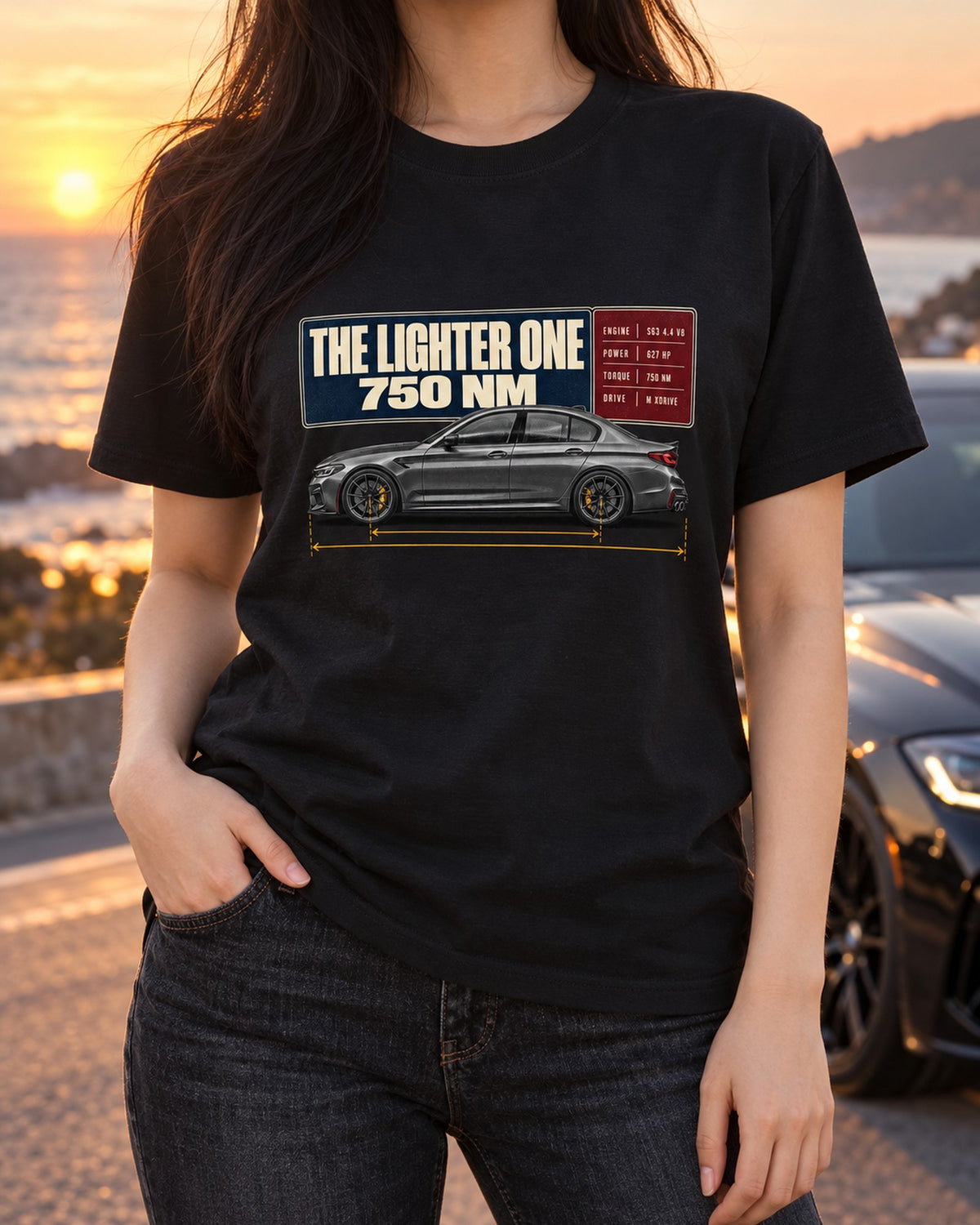 BMW M5 F90 CS Spec Poster Tee, The Lighter One T-Shirt Black worn hero