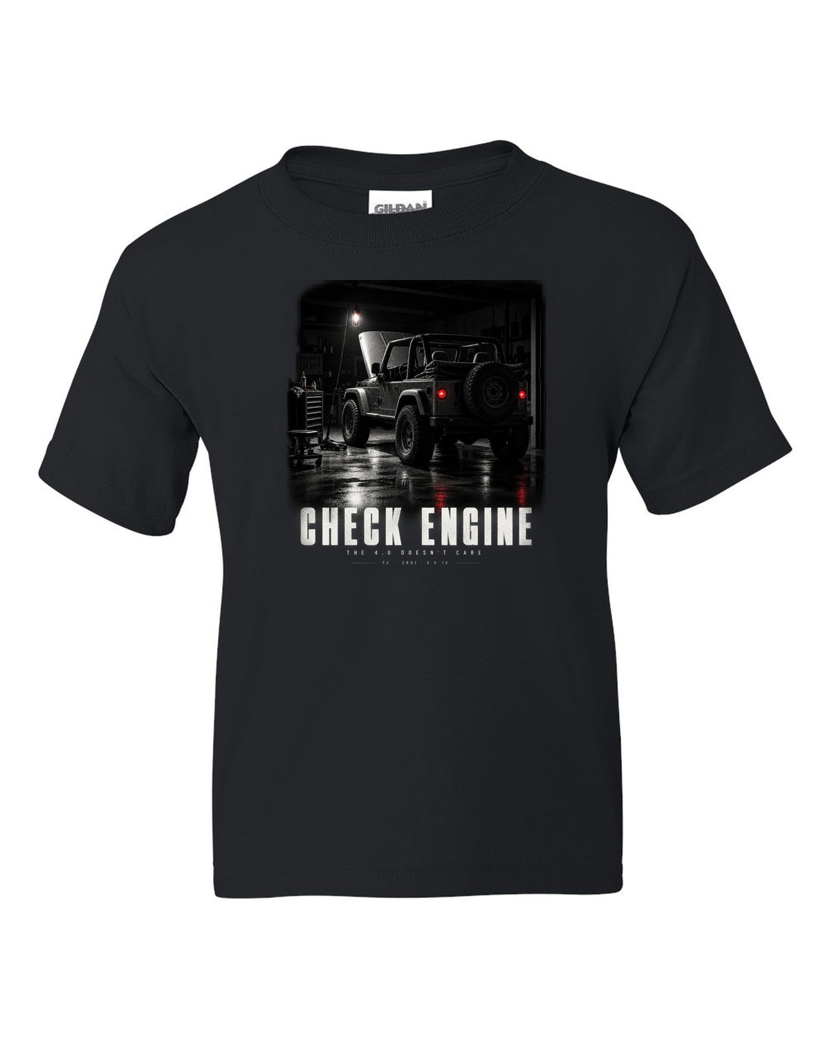 Garage night print for the Jeep Wrangler TJ, Check Engine The 4.0 Doesn't Care black kids tee front view with the design