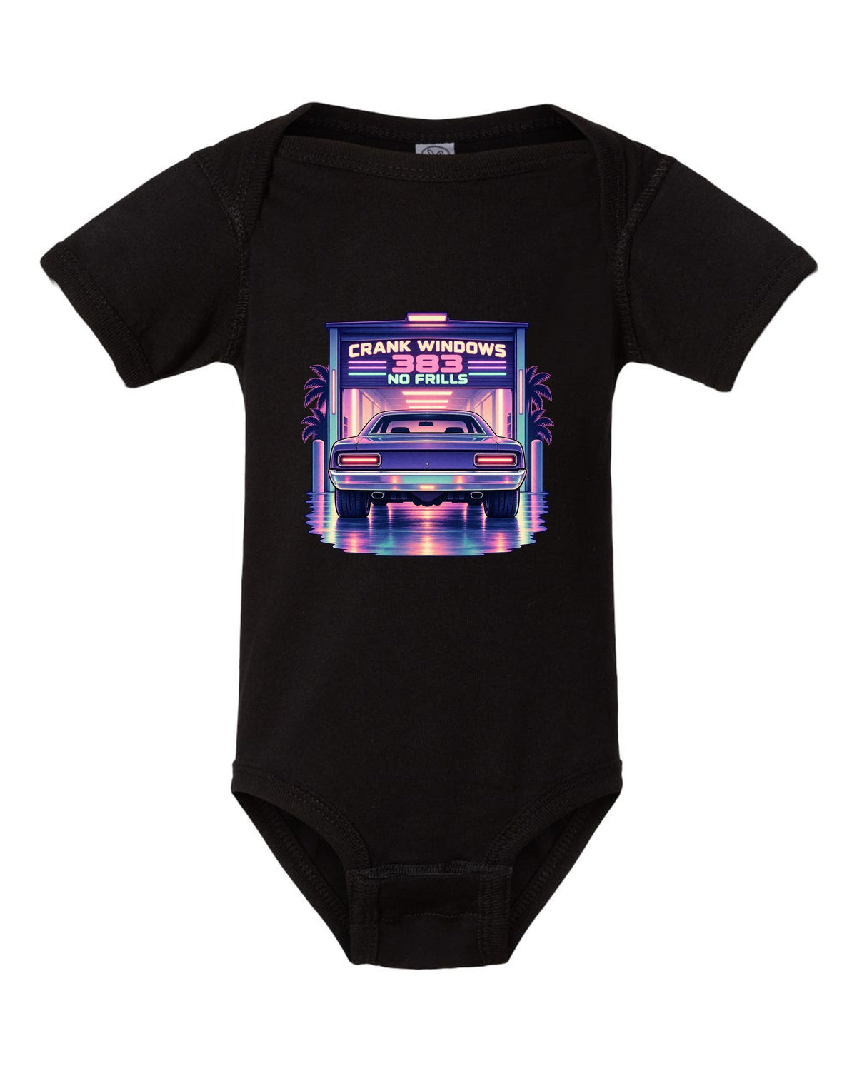 Vaporwave pastel night garage with a 1970 Plymouth Road Runner and 383 no frills lettering black baby onesie front view with the design