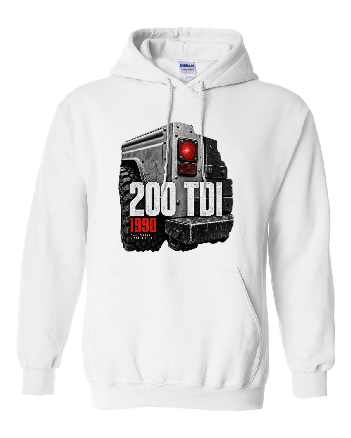 Land Rover Defender 200 Tdi taillight and riveted panel macro print white pull over hoodie front view with the design