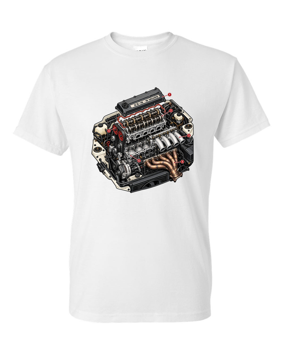 Exploded cutaway engine illustration for a Mercedes 190E 2.5-16 Evo II W201 white t-shirt front view with the design