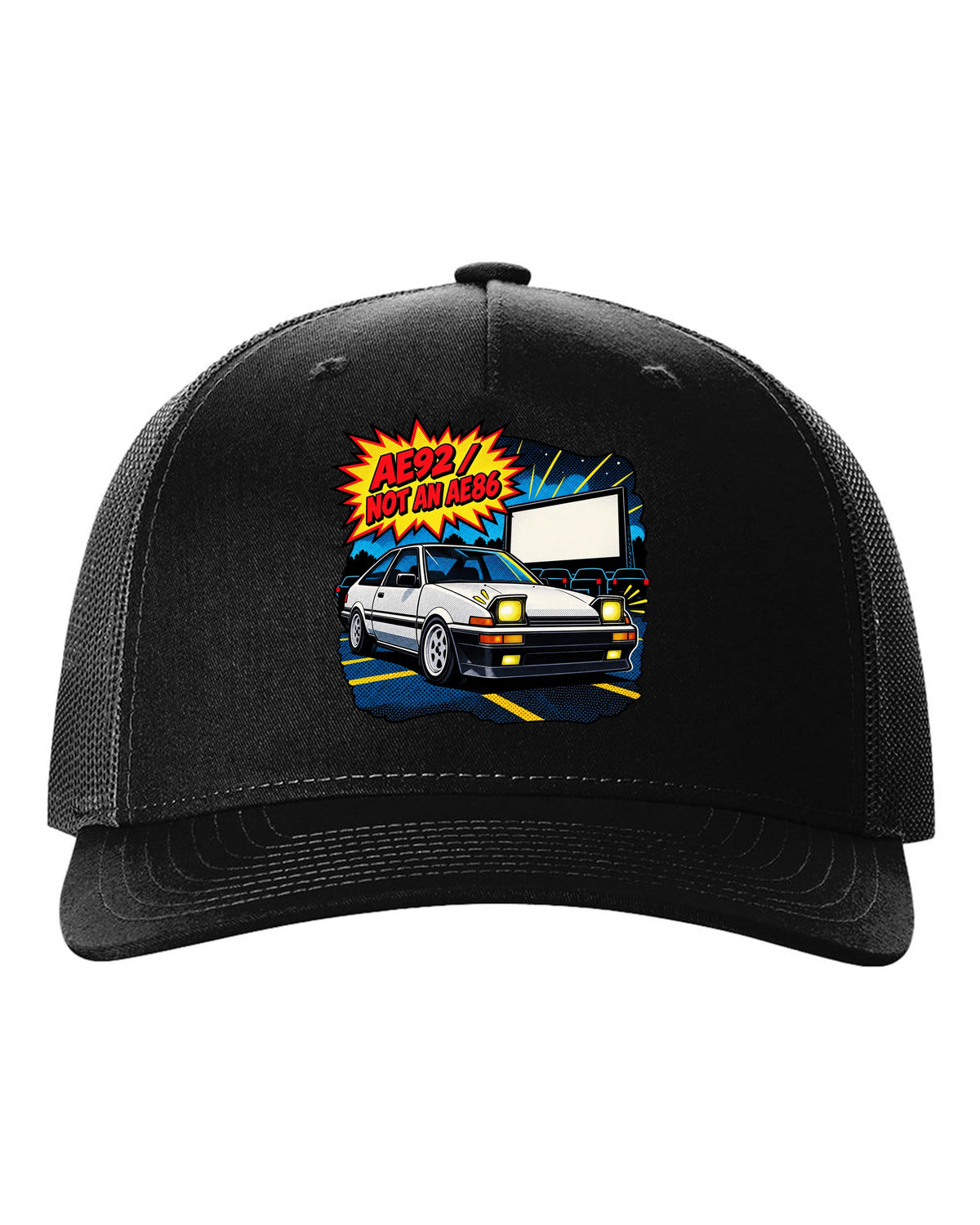 Comic halftone pop-art of a Toyota Corolla AE92 Trueno with the text AE92 Not an AE86 black hat front view with the design