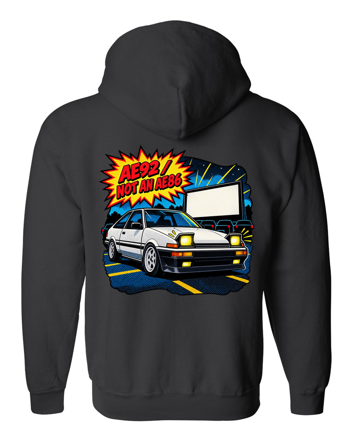 Comic halftone pop-art of a Toyota Corolla AE92 Trueno with the text AE92 Not an AE86 black zip hoodie back view with the design