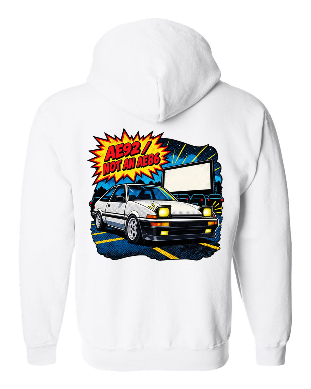 Comic halftone pop-art of a Toyota Corolla AE92 Trueno with the text AE92 Not an AE86 white zip hoodie back view with the design