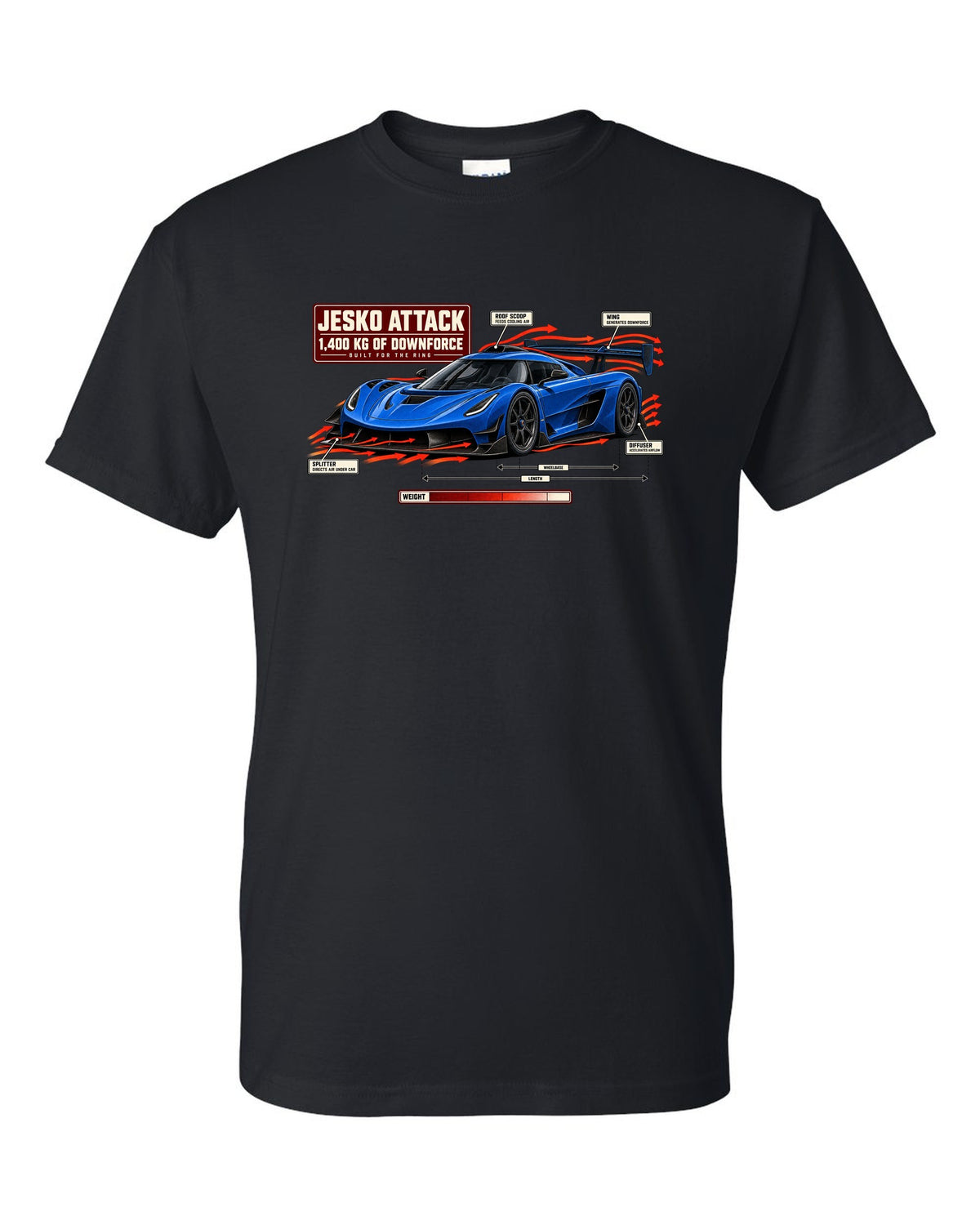 Aero callout diagram of the Koenigsegg Jesko Attack with rear wing and splitter, print black t-shirt front view with the design