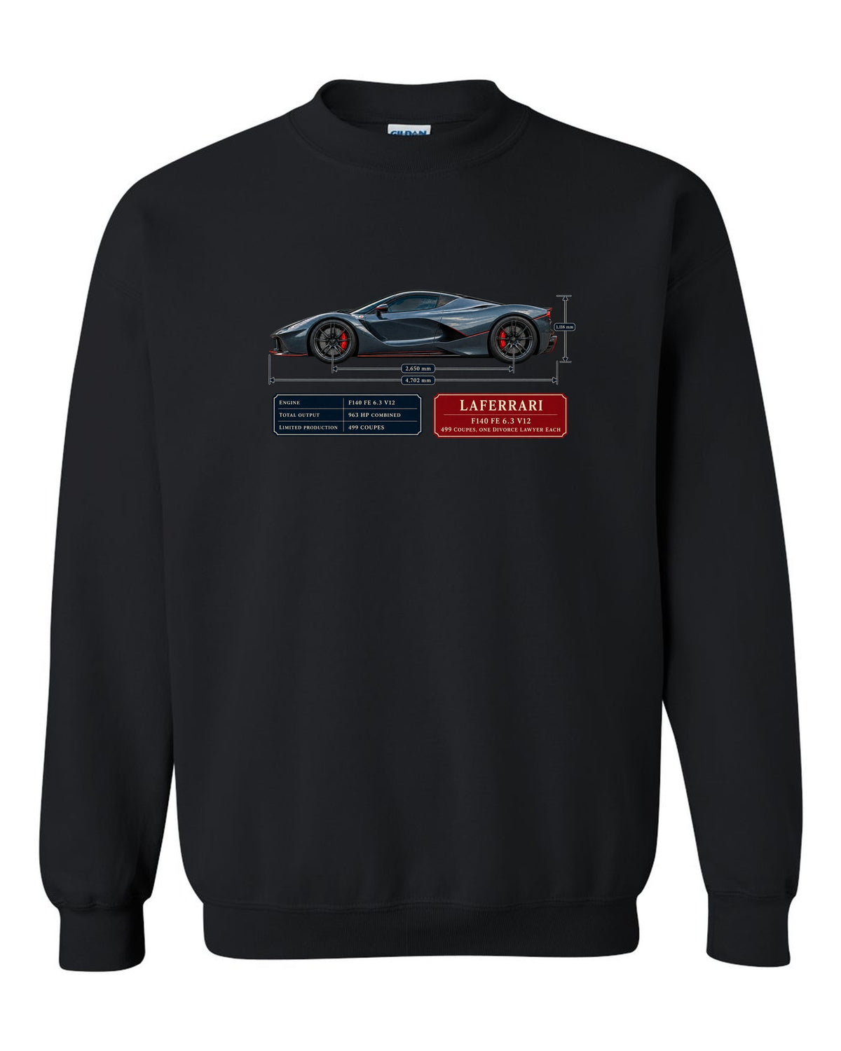 Ferrari LaFerrari dimension blueprint print with F140 FE 6.3 V12 text black crewneck front view with the design