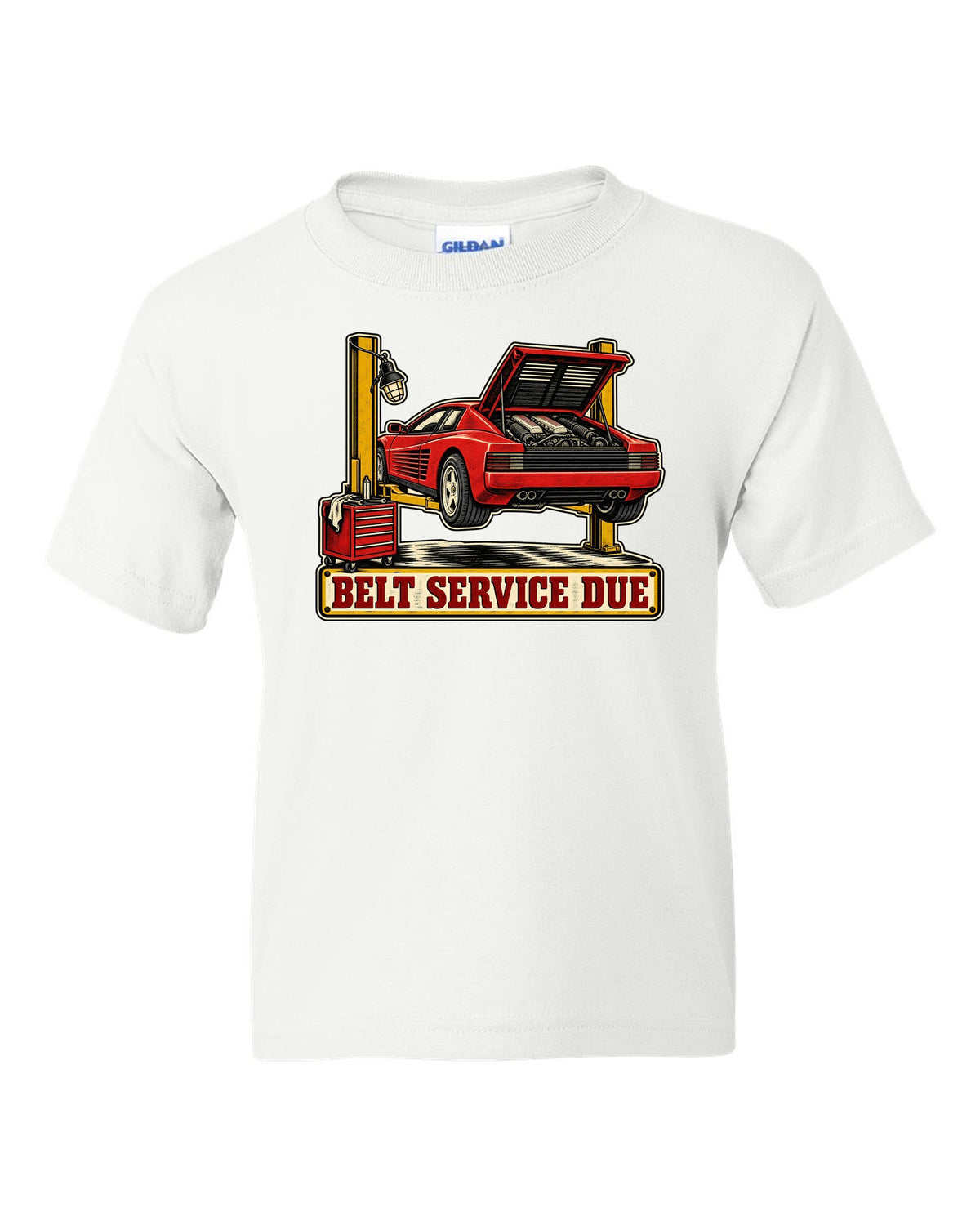 Two-colour linocut of Ferrari Testarossa with belt service due text white kids tee front view with the design