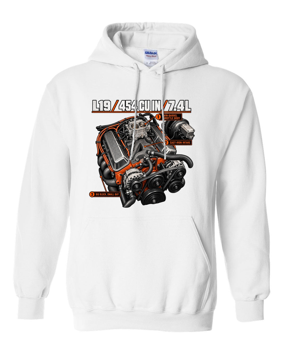 Chevy 454 SS L19 big-block engine diagram print white pull over hoodie front view with the design