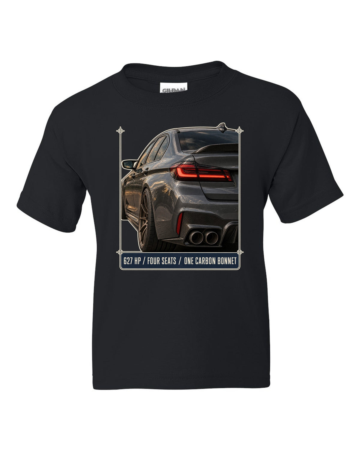 BMW M5 F90 CS taillight macro print with 627 HP, four seats and carbon bonnet text black kids tee front view with the design