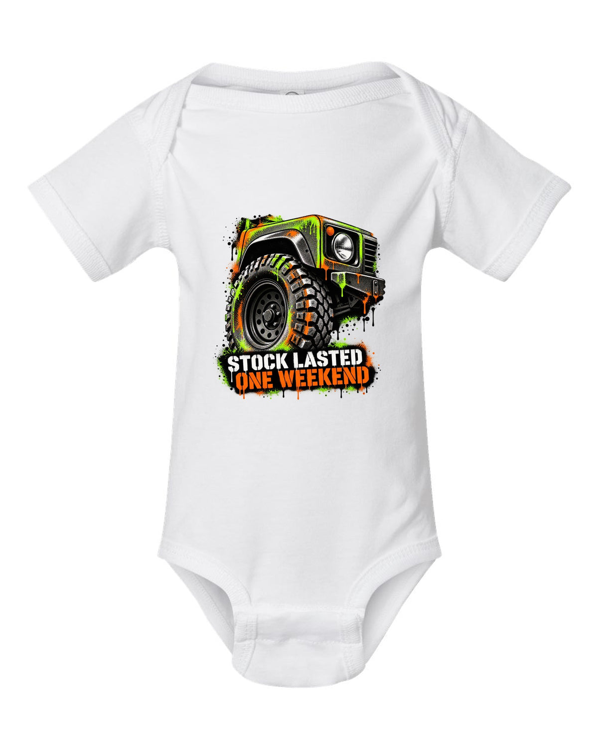 Jeep Wrangler TJ stencil spray street art design reading stock lasted one weekend white baby onesie front view with the design