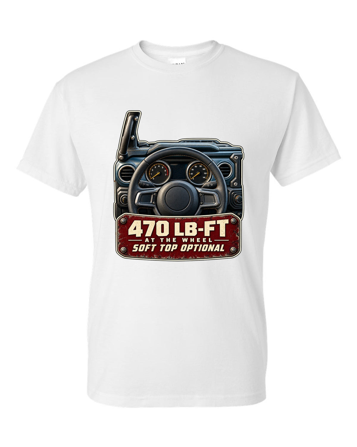 Gauge cluster print for the Jeep Wrangler Rubicon 392 with torque callout white t-shirt front view with the design