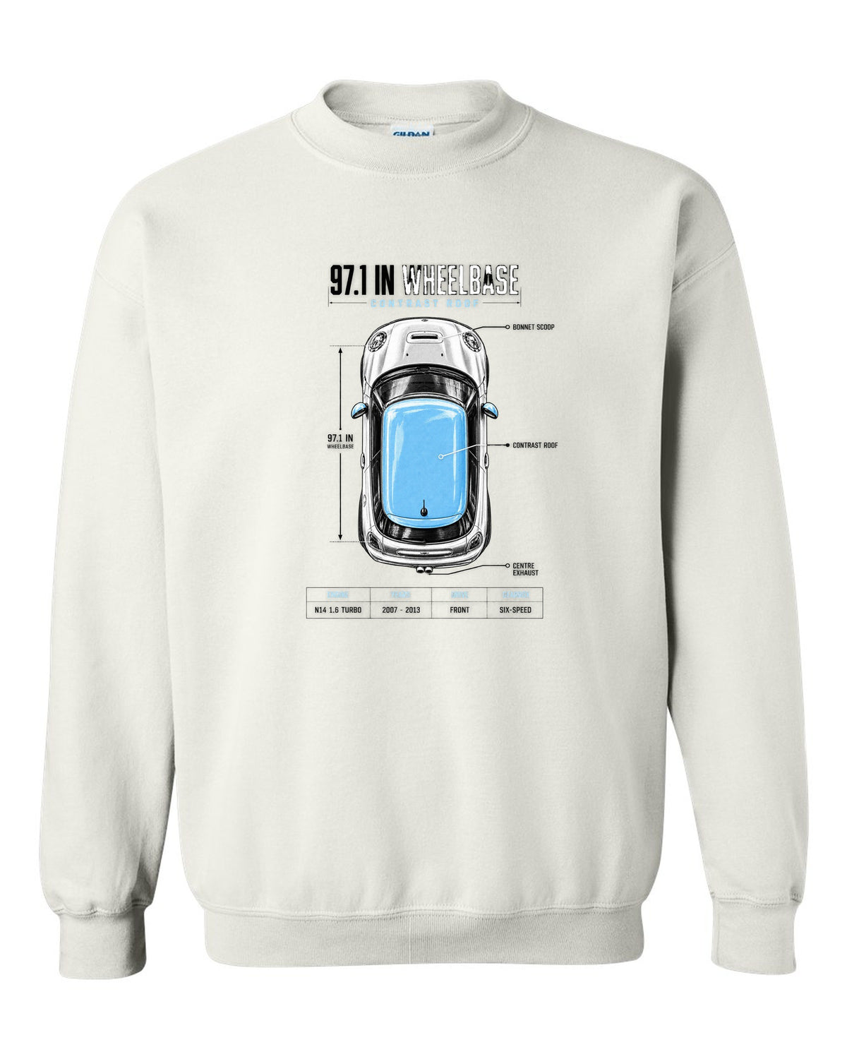 Top-down plan view of a Mini Cooper S R56 on a spec poster print with wheelbase text white crewneck front view with the design