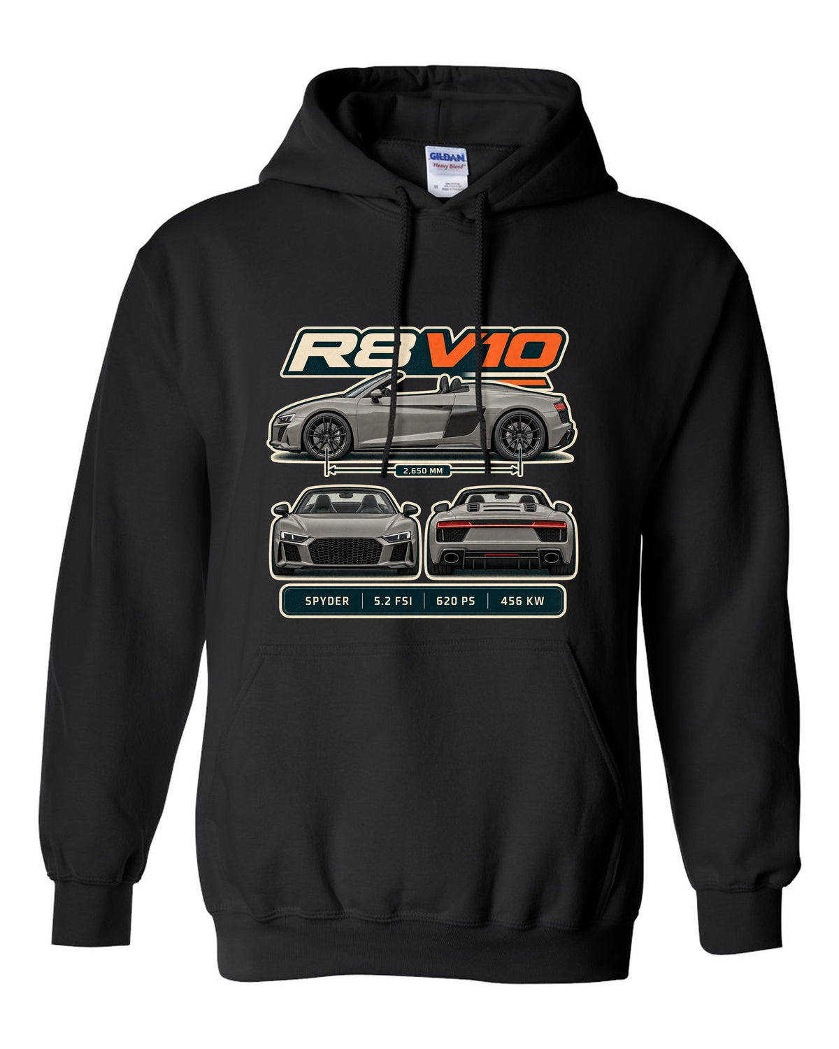 Audi R8 Spyder V10 performance three-view spec table print design black pull over hoodie front view with the design