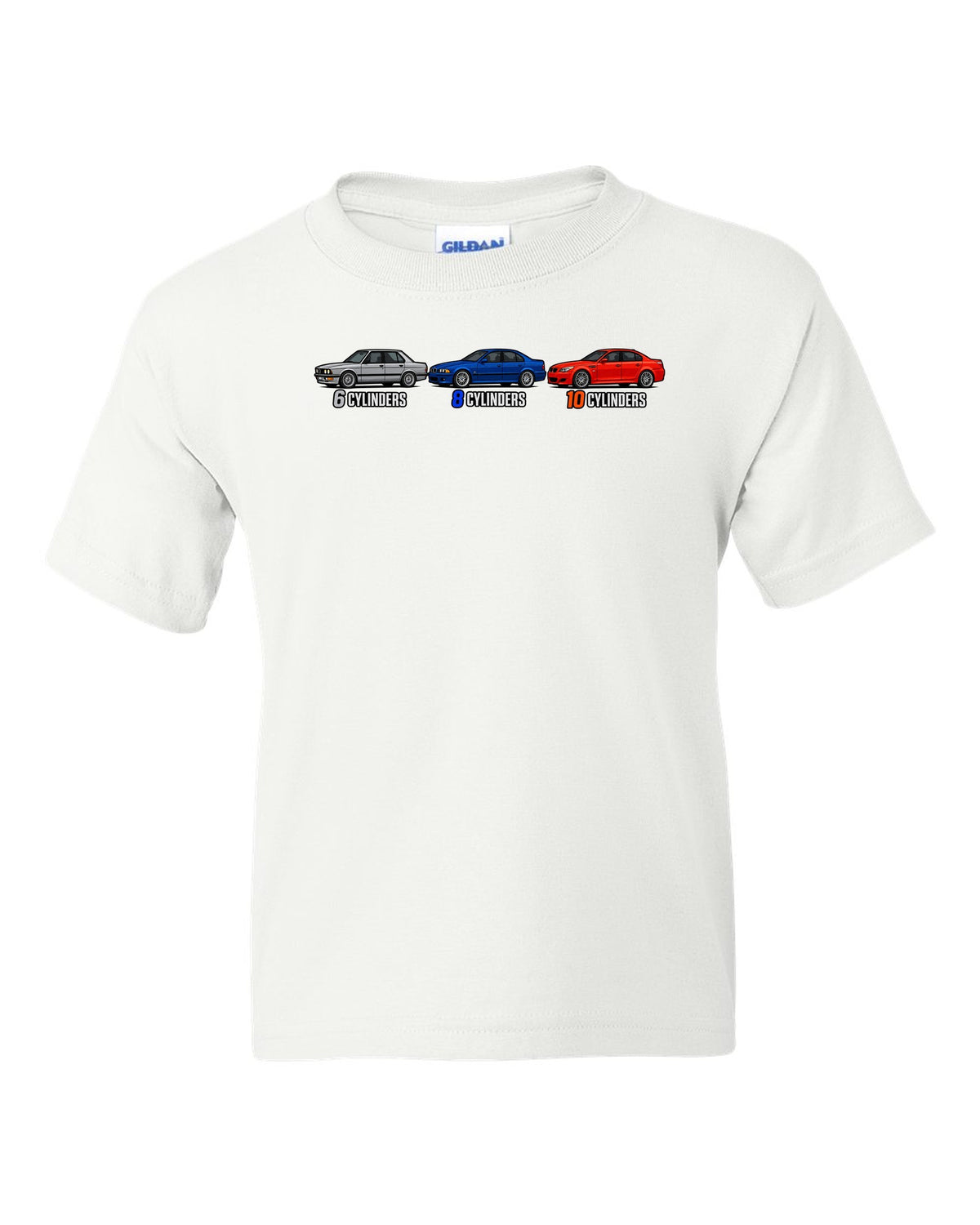 Generation lineup print of the BMW M5 E28, E39 and E60 with 6, 8 and 10 cylinders text white kids tee front view with the design
