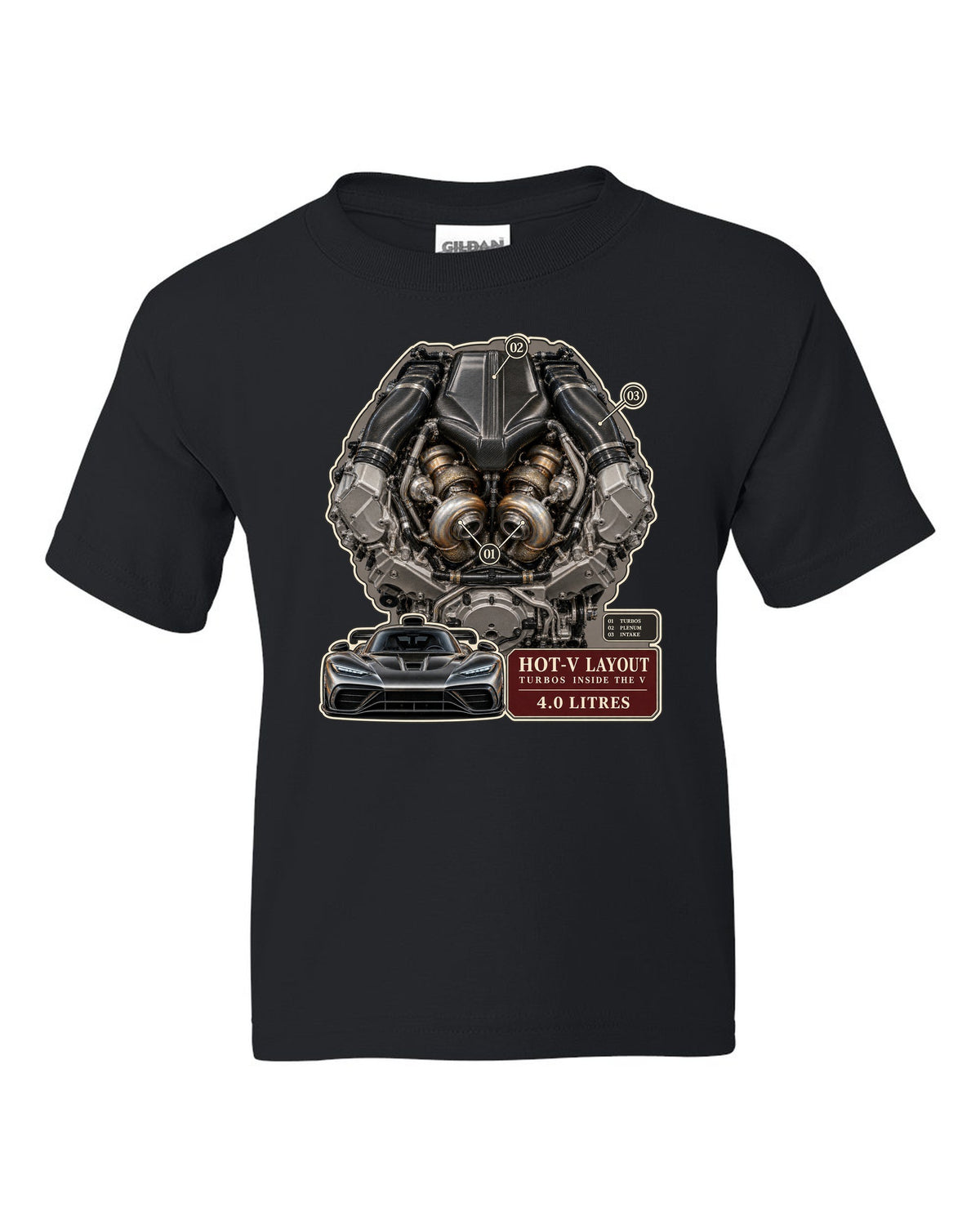 Mercedes-AMG GT 63 M178 4.0 litre biturbo V8 engine illustration black kids tee front view with the design