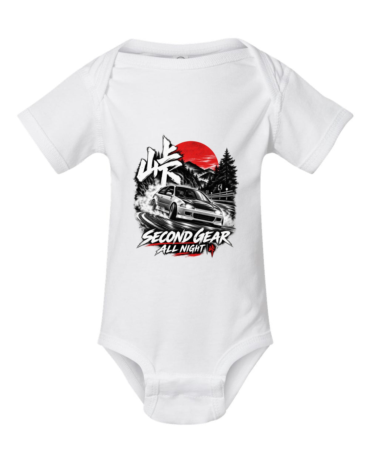 Touge night print of a 1992 Honda Civic EG6 SiR chback with second gear text white baby onesie front view with the design