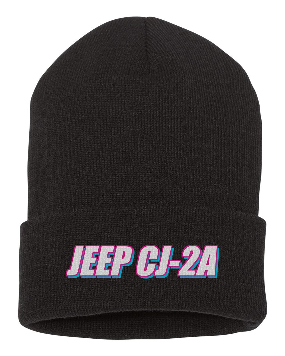 Jeep Cj-2A black beanie front view with car name