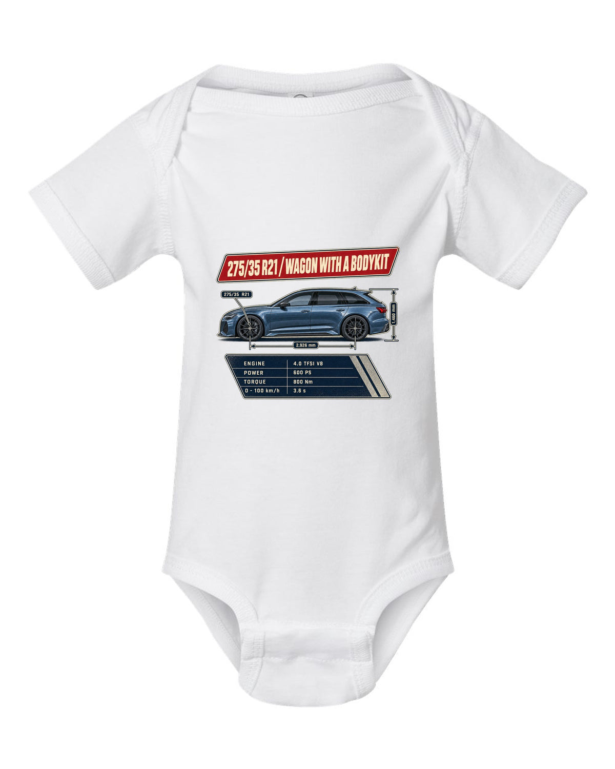 Spec poster for the Audi RS6 Avant C8 listing 275/35 R21 tyres white baby onesie front view with the design