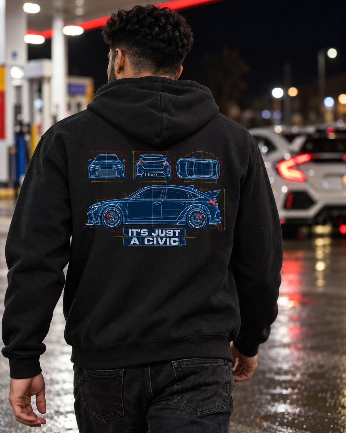 Honda Civic FL5 Cyanotype Blueprint Shirt, It's Just a Civic Zip Hoodie Black worn hero