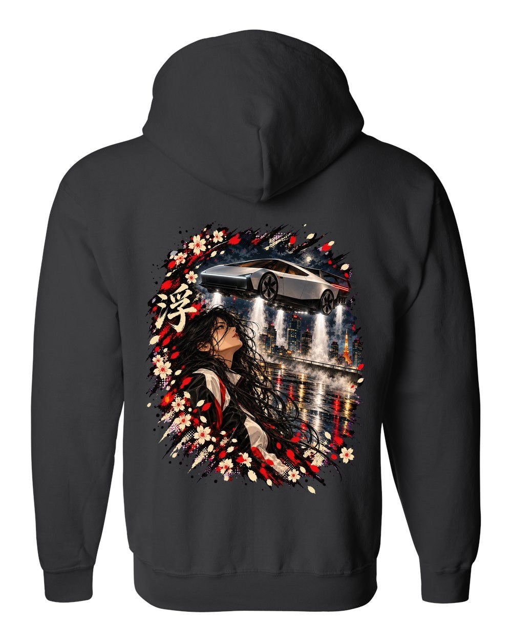 Tesla Roadster Hover Anime Girl Zip Hoodie Black back