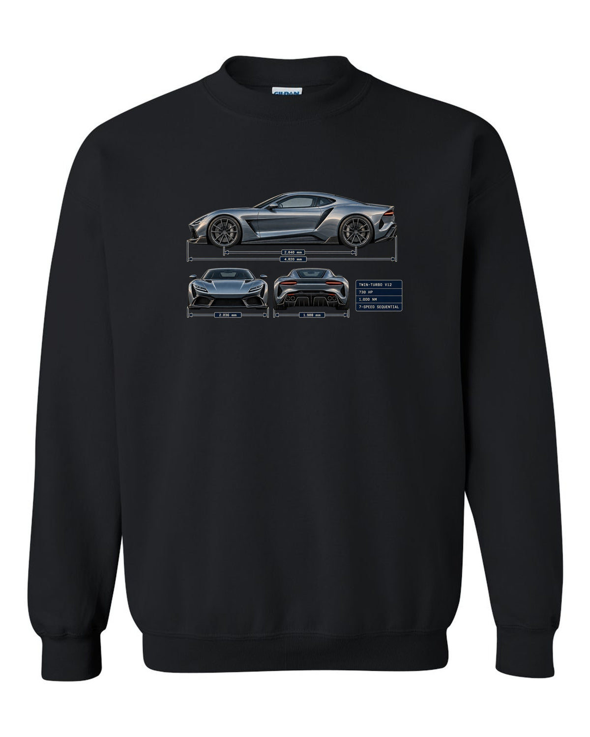 Three-view and spec table print of the Pagani Huayra coupe with 730 hp, 1,000 Nm, seven-speed sequential black crewneck front view with the design