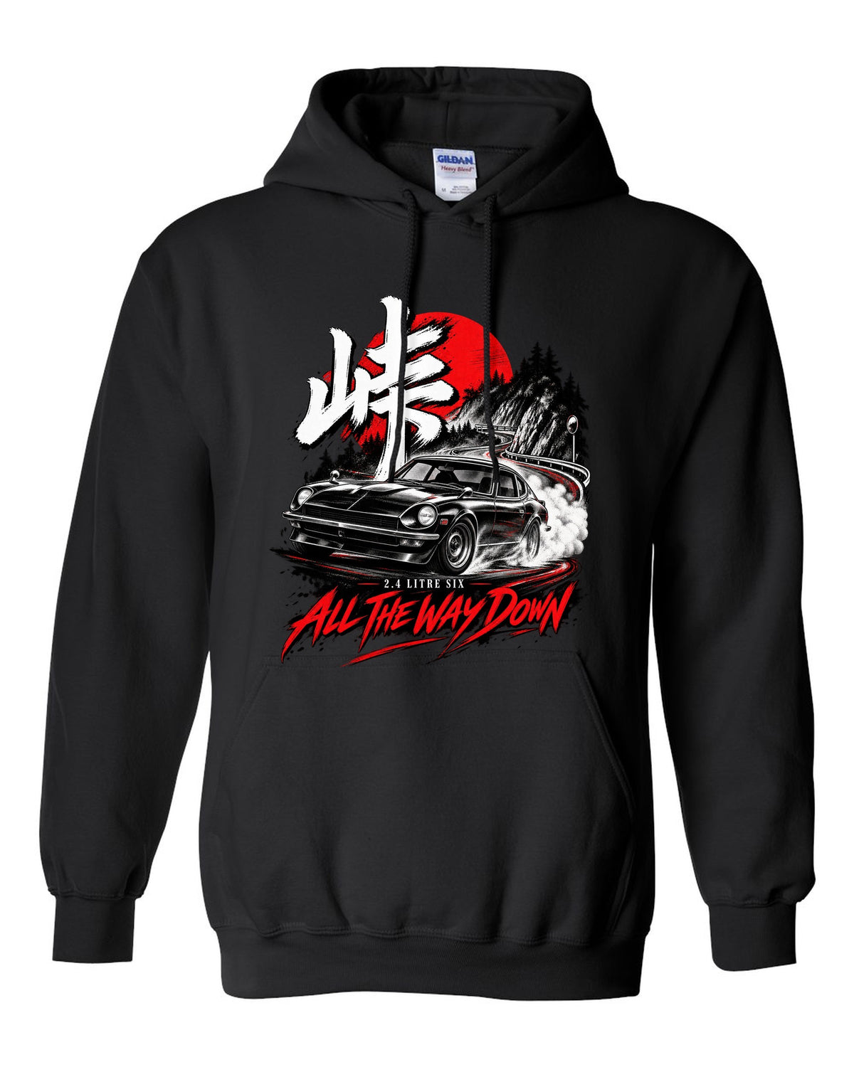 print of a 1971 Datsun 240Z HLS30 sliding downhill at night with touge kanji black pull over hoodie front view with the design