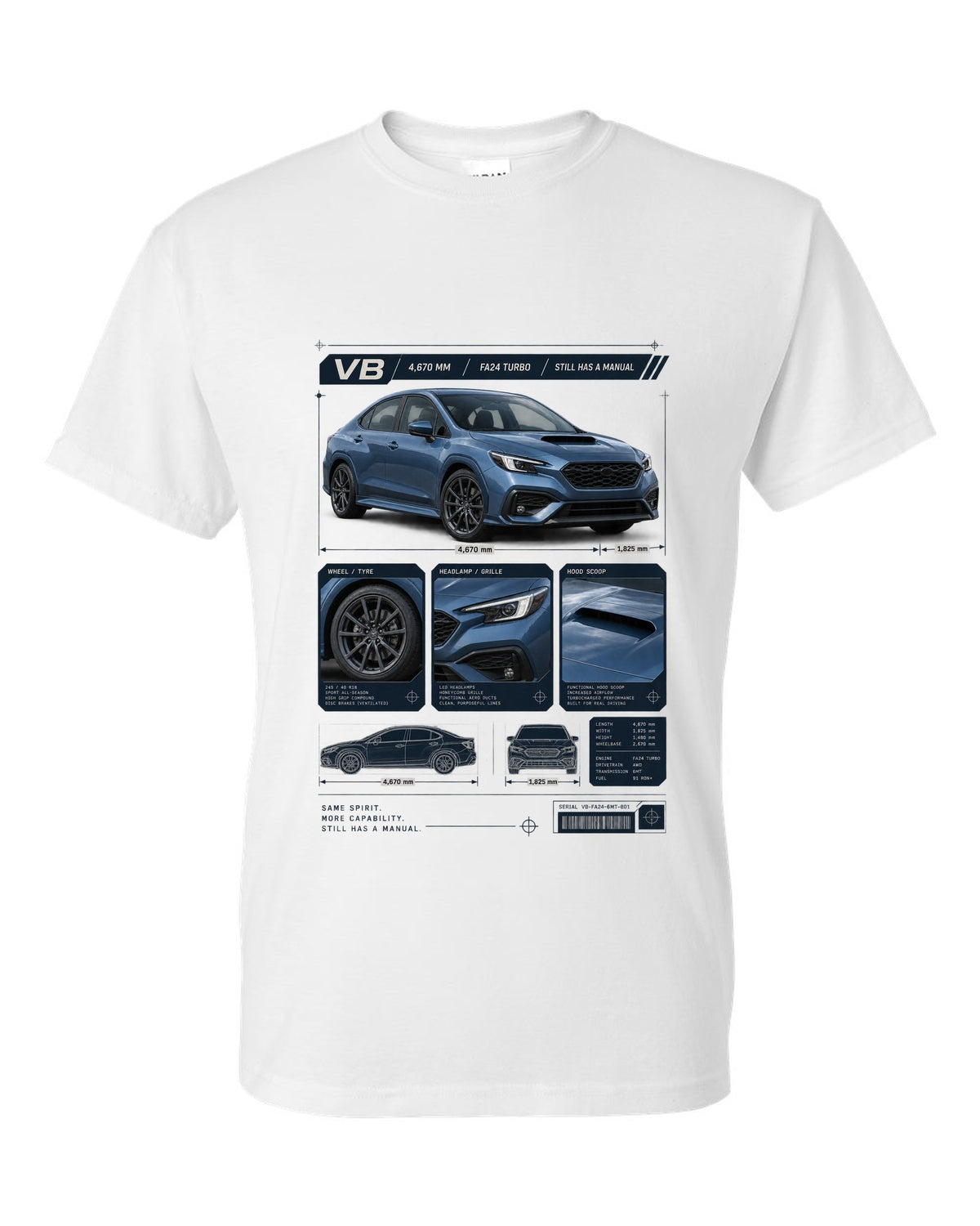 Dossier-style panel layout of a Subaru WRX VB sedan with GT and TR detail panels white t-shirt front view with the design