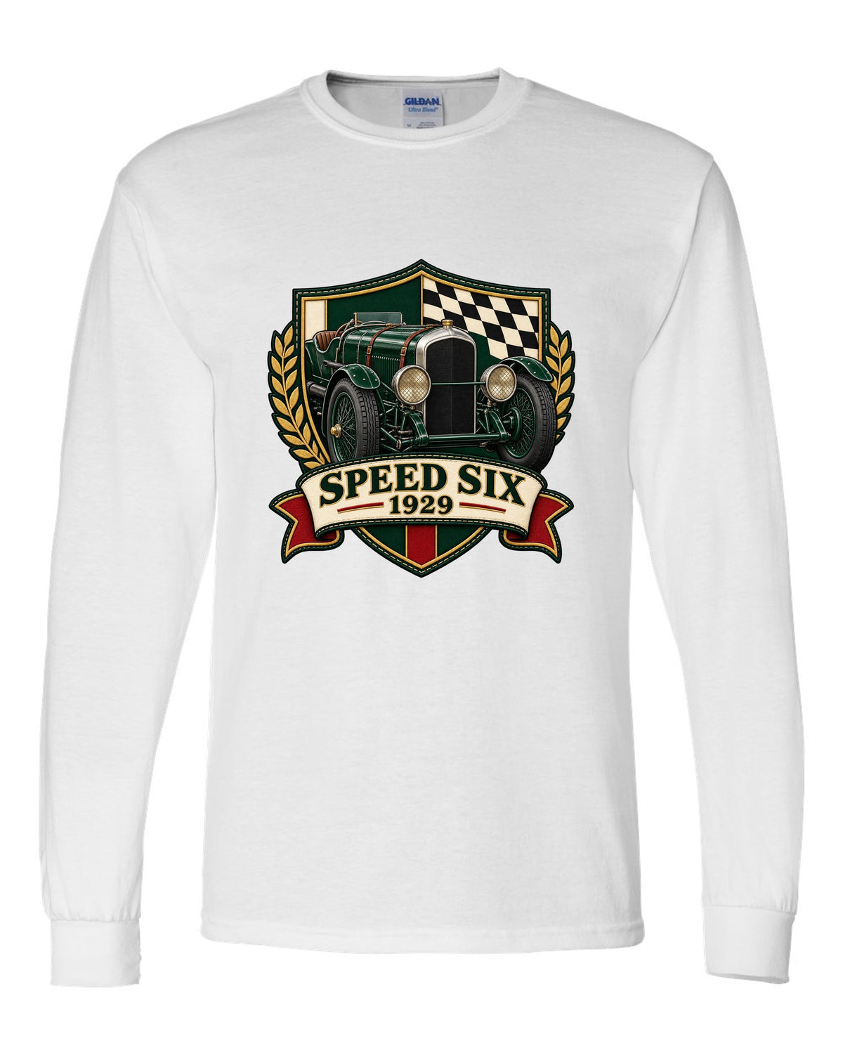 Varsity-style embroidered crest design for the 1929 Bentley Speed Six with SPEED SIX lettering white long sleeve front view with the design