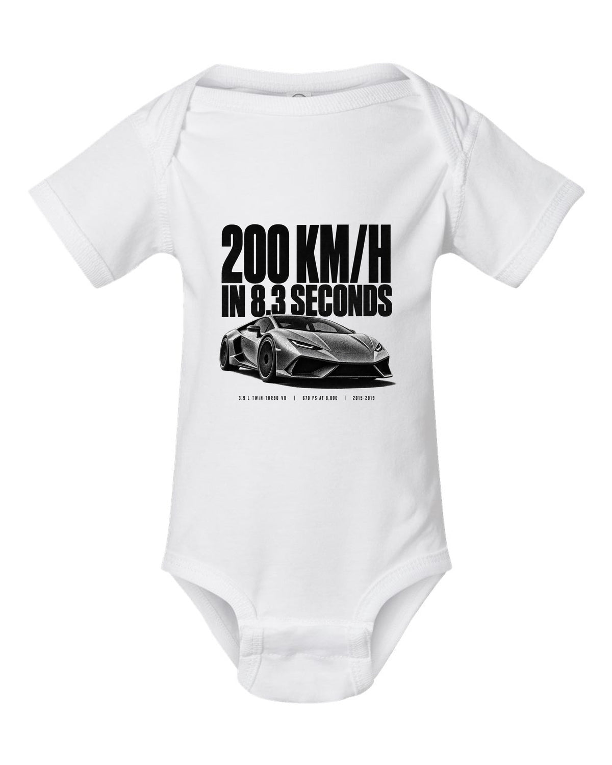 Halftone print of a Ferrari 488 GTB front three-quarter with the text 200 km/h in 8.3 seconds white baby onesie front view with the design