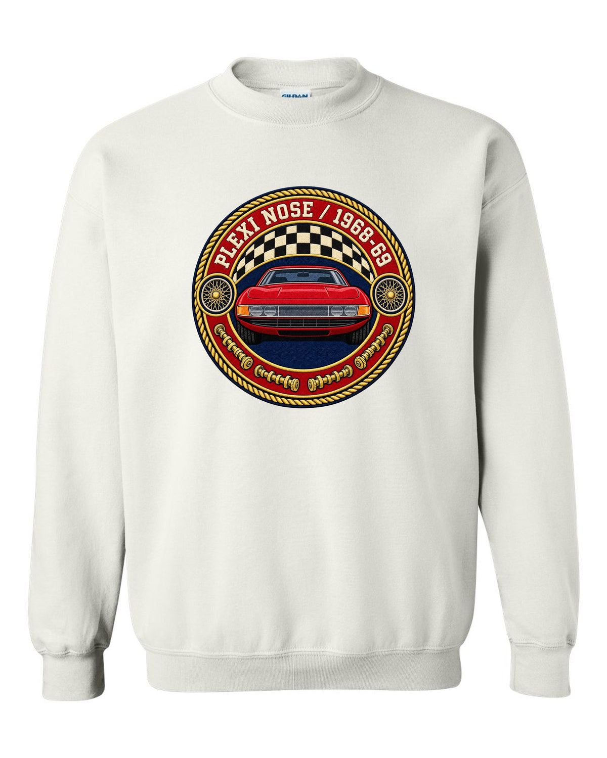 Round crest print for the Ferrari 365 GTB/4 Daytona with Plexi Nose and 1968-69 lettering white crewneck front view with the design