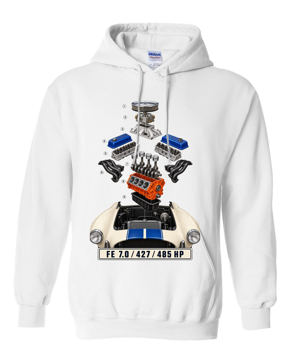 Isometric exploded view print of a Shelby Cobra 427 engine bay with FE 7.0 lettering white pull over hoodie front view with the design