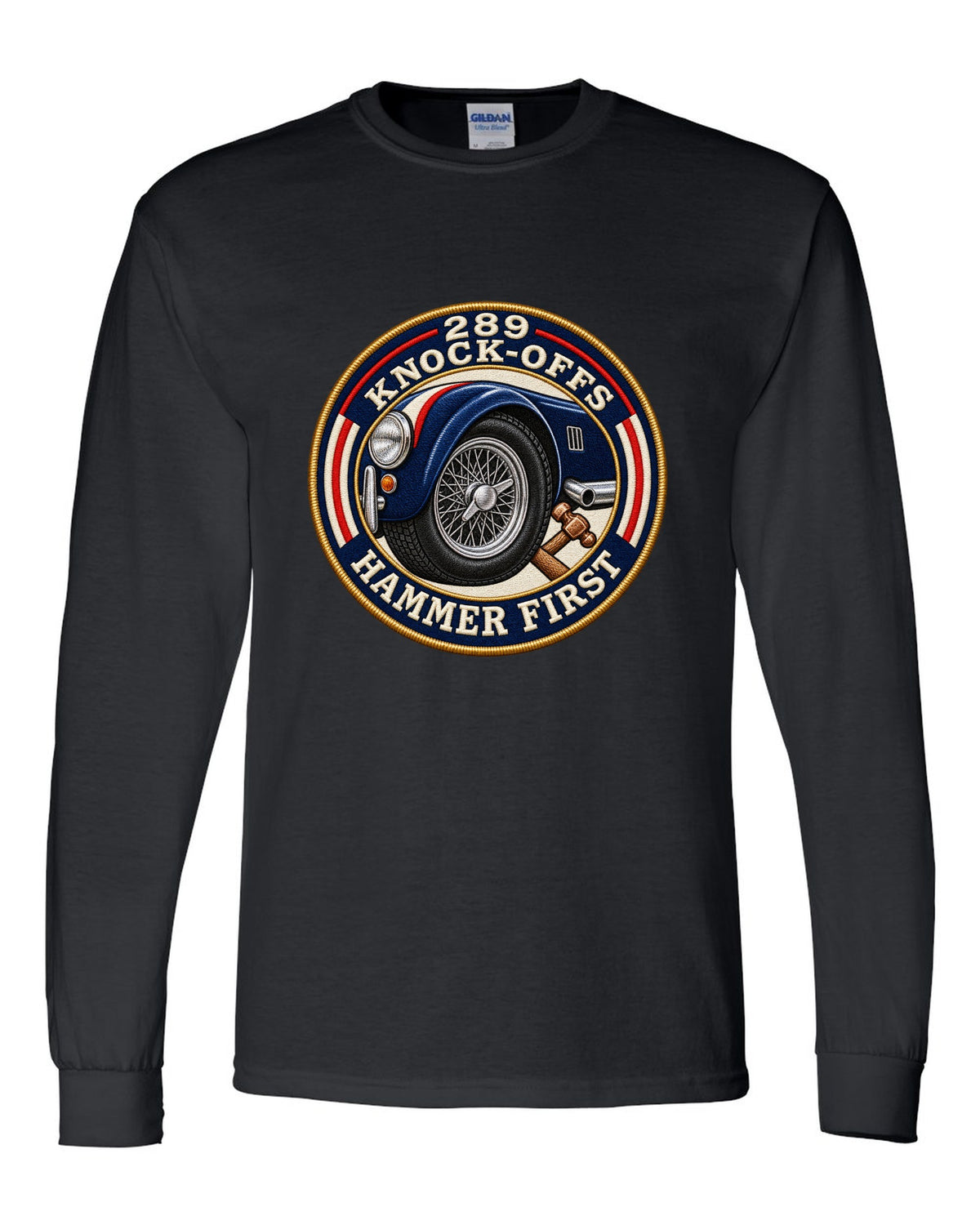 Embroidered-patch style crest print for a Shelby Cobra 289 with Knock-Offs lettering black long sleeve front view with the design