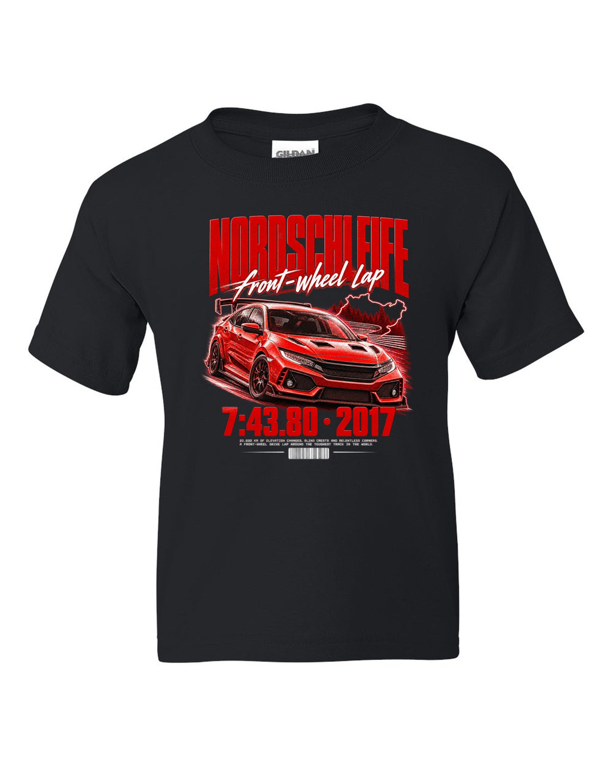 Honda Civic FK8 chback street poster with Nordschleife front-wheel lap time 7:43.80 black kids tee front view with the design