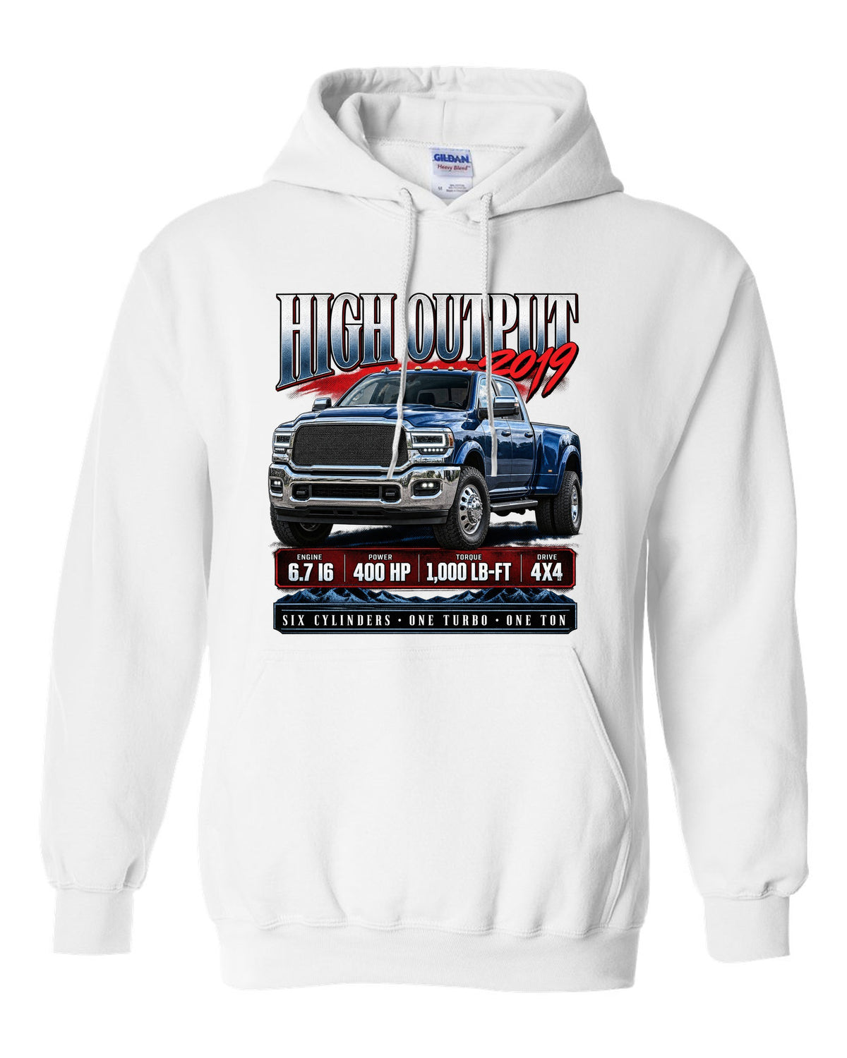 Archive panel of a 2019 Ram 3500 5th gen High Output 6.7 with 400 HP and 1,000 lb-ft white pull over hoodie front view with the design