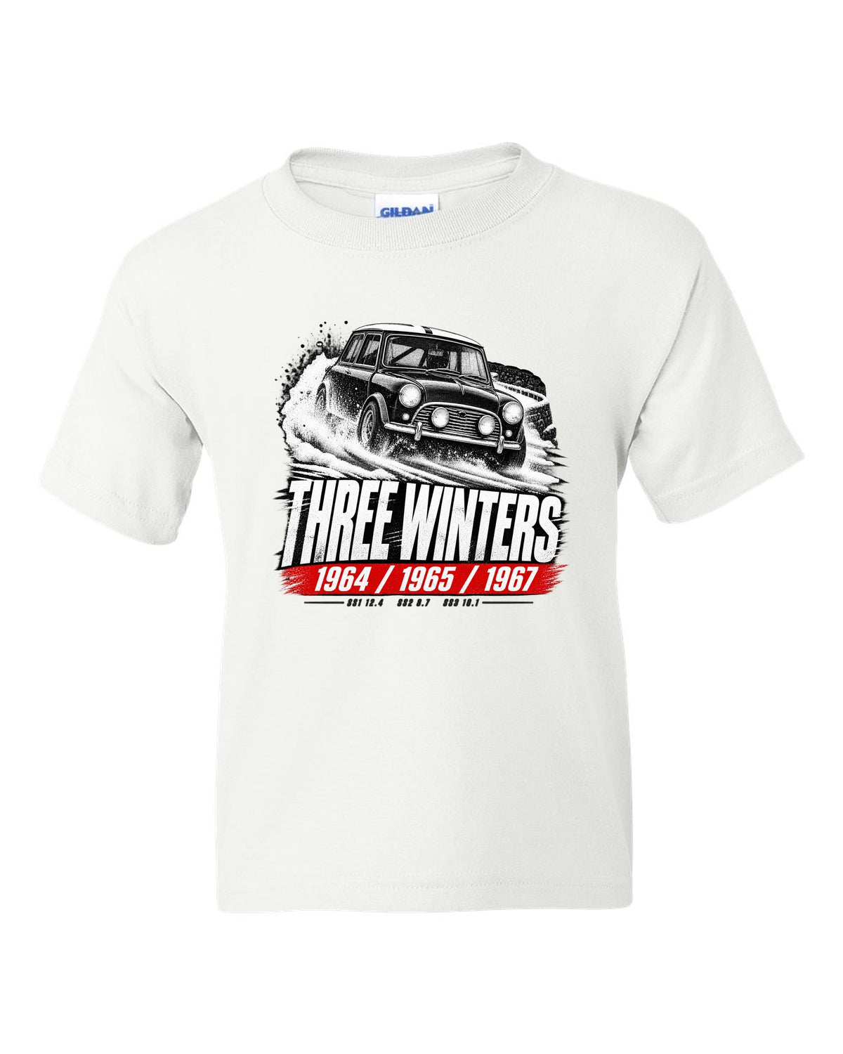 Race poster print of a 1964 Classic Mini Cooper S Mk I rally car with three winters text white kids tee front view with the design