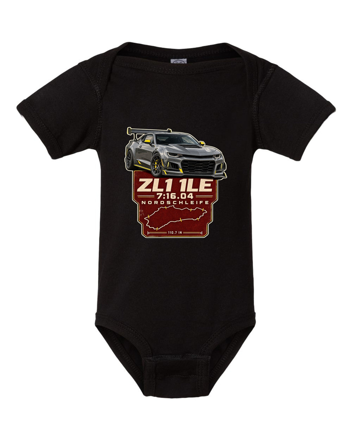 Lap time poster print of a Chevrolet Camaro ZL1 1LE black baby onesie front view with the design