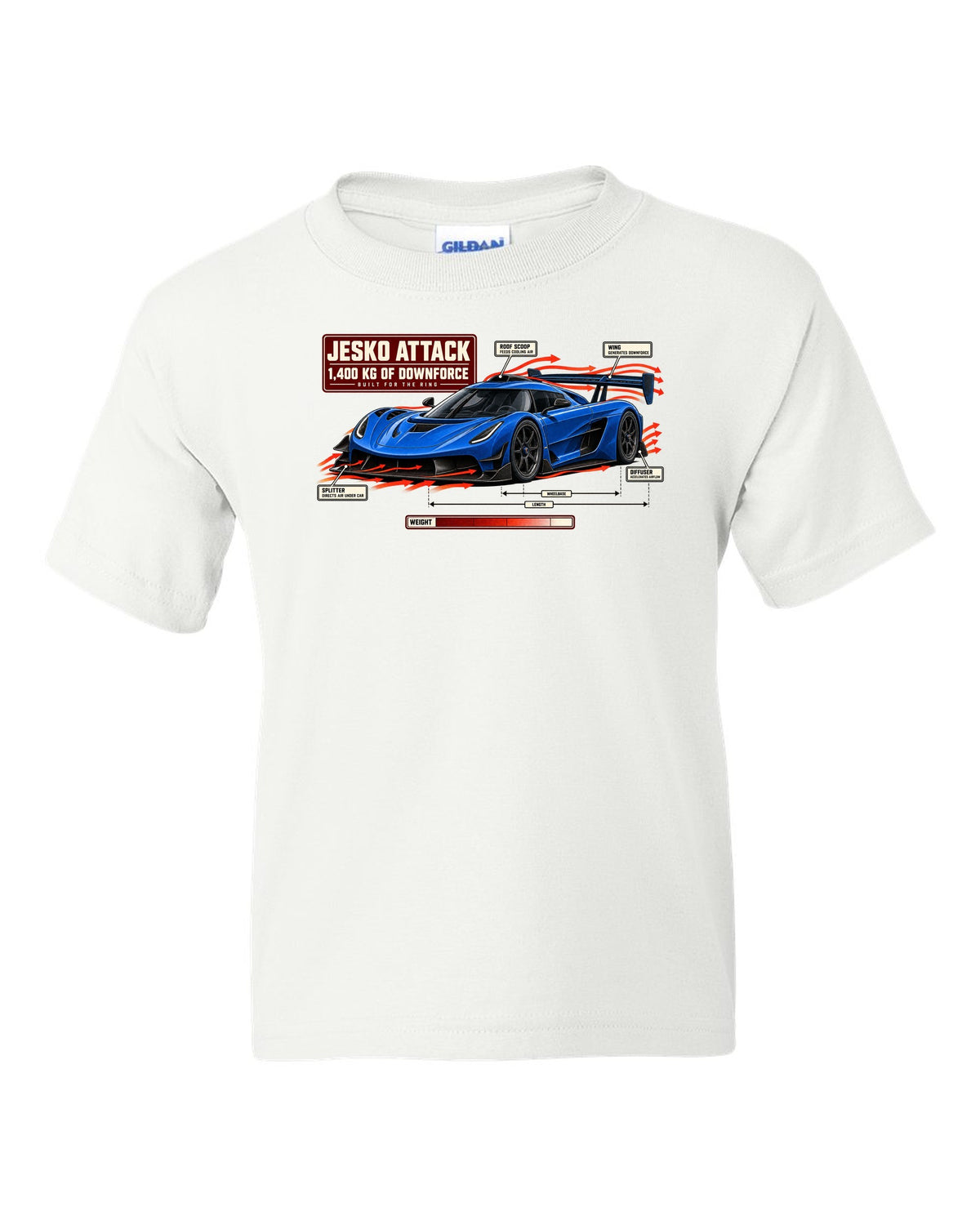 Aero callout diagram of the Koenigsegg Jesko Attack with rear wing and splitter, print white kids tee front view with the design