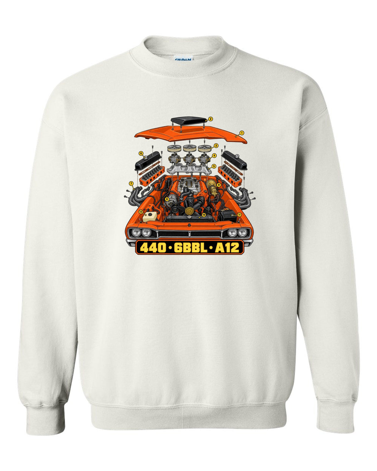Isometric exploded technical drawing of the 440 six-barrel engine in a 1969 Dodge Coronet Super Bee A12 white crewneck front view with the design