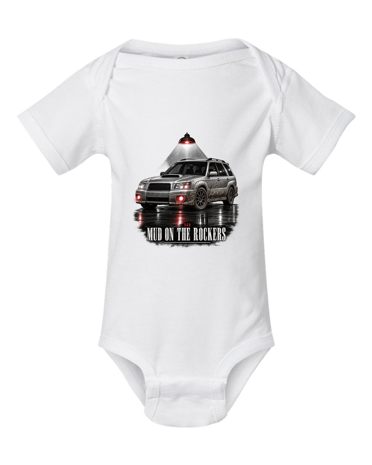 Garage night print for the Subaru Forester SG9 reading Mud on the Rockers white baby onesie front view with the design