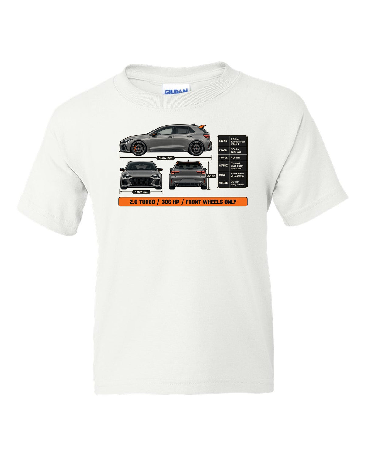 print three-view drawing of a Sonic Grey Honda Civic Type R FK8 white kids tee front view with the design