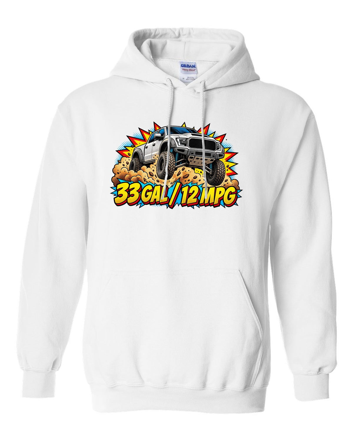 Comic halftone print of an airborne 2021-2024 Ram 1500 TRX with 33 gal 12 mpg text white pull over hoodie front view with the design