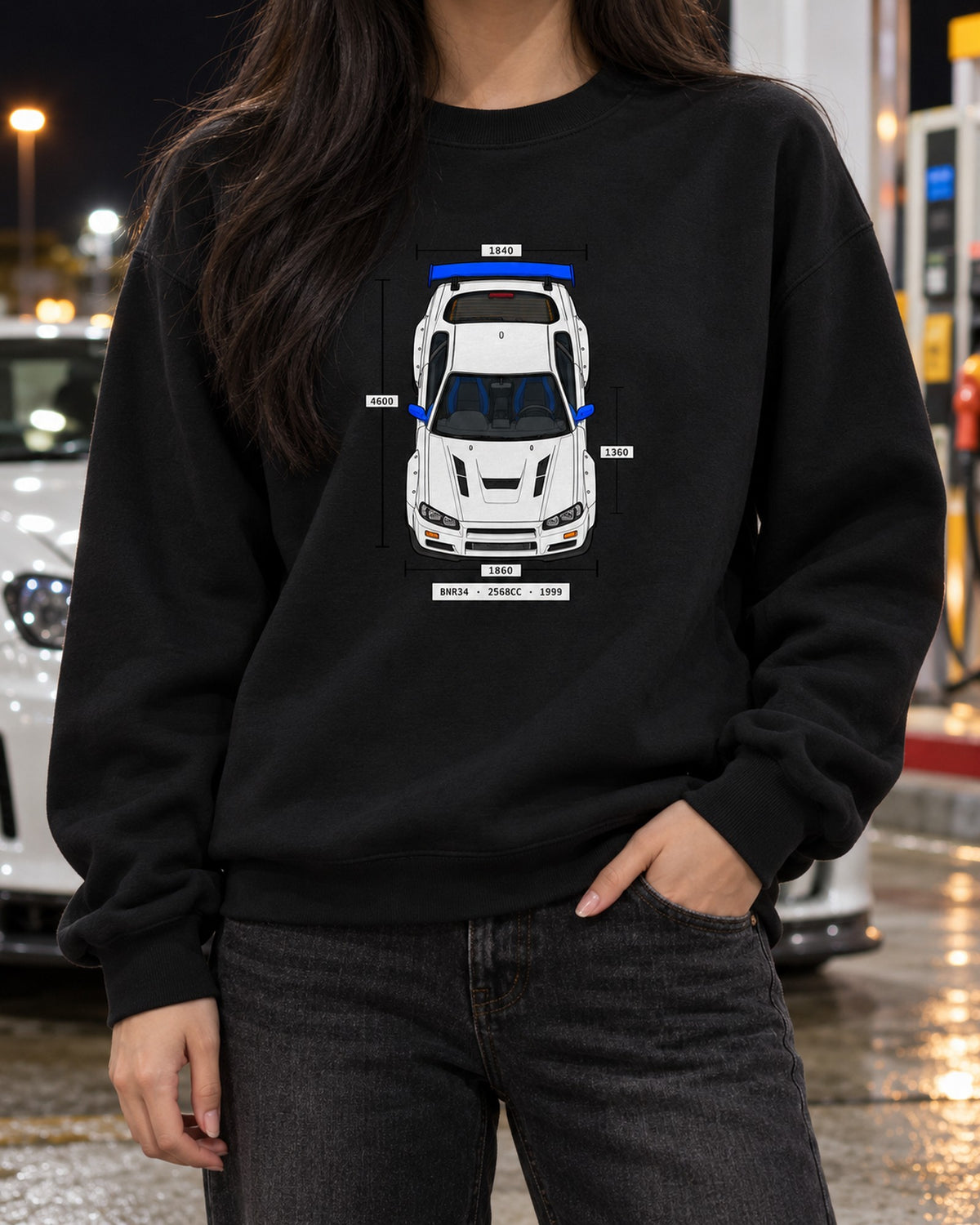 R34 GT-R BNR34 Spec Sheet Data Plate print Shirt Crewneck Black worn hero