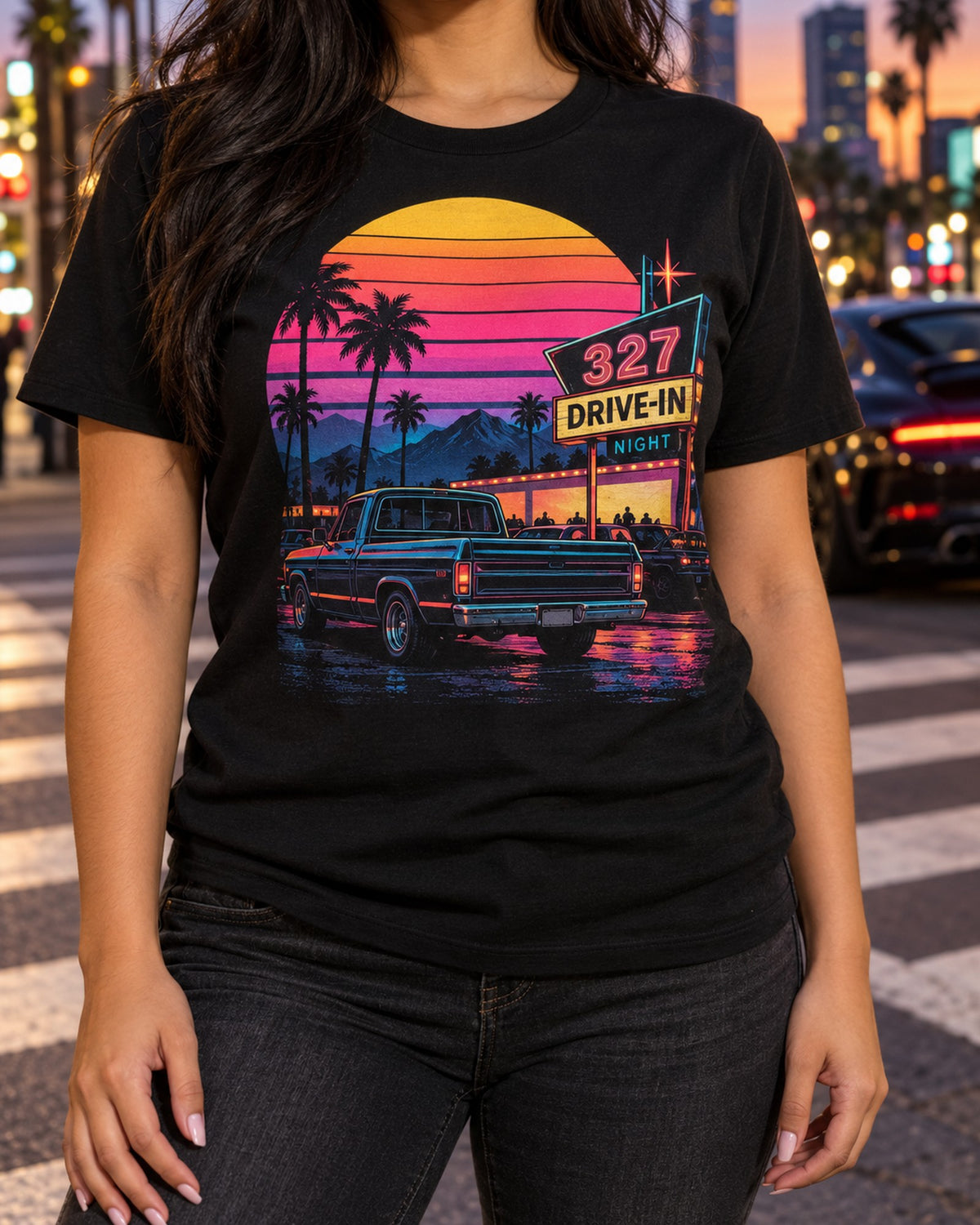 Chevrolet C10 Action Line Drive-In Synthwave Shirt, 327 Truck Tee T-Shirt Black worn hero