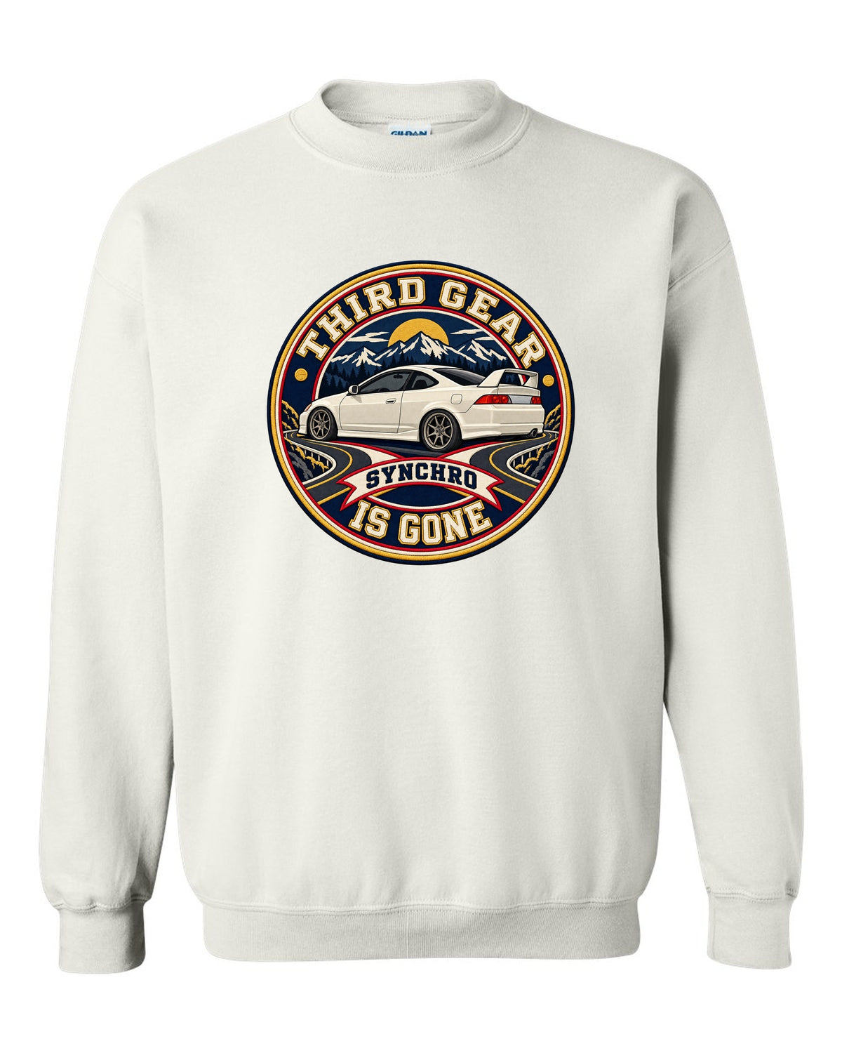 Embroidery patch style print of a 2002 Honda Integra DC5 ch with third gear synchro text white crewneck front view with the design