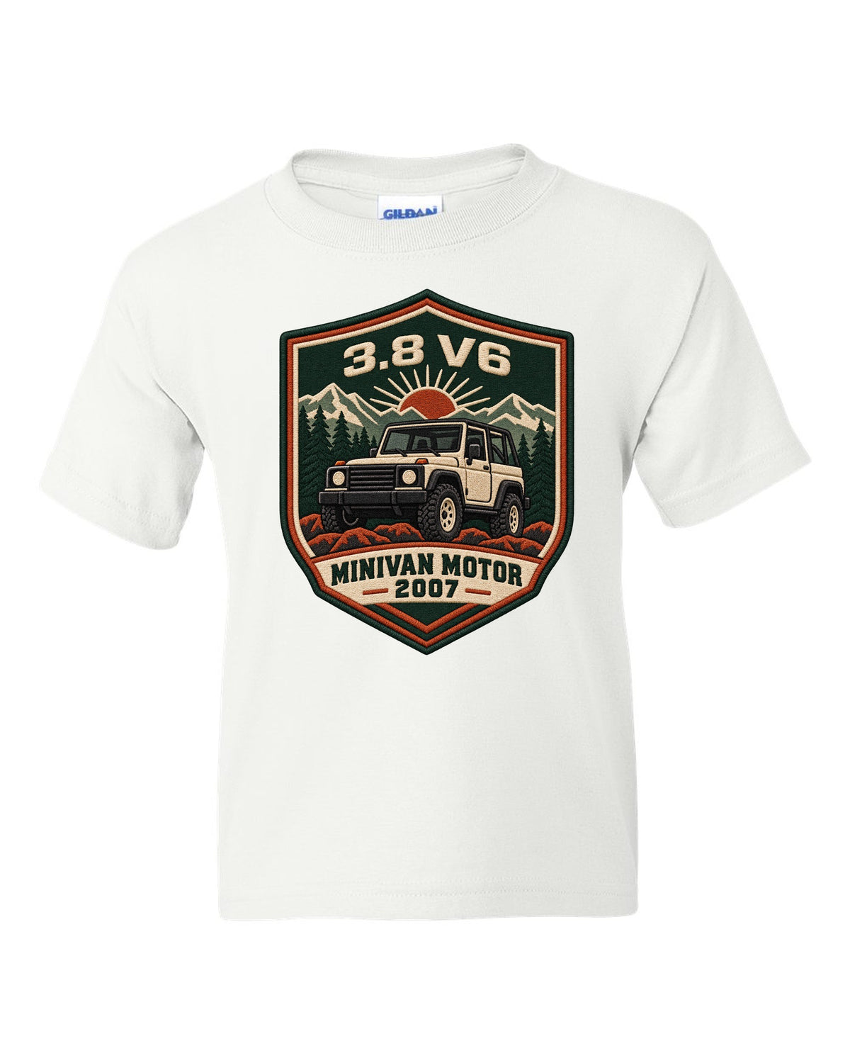 Jeep Wrangler JK varsity crest design with 3.8 V6 minivan motor 2007 text white kids tee front view with the design