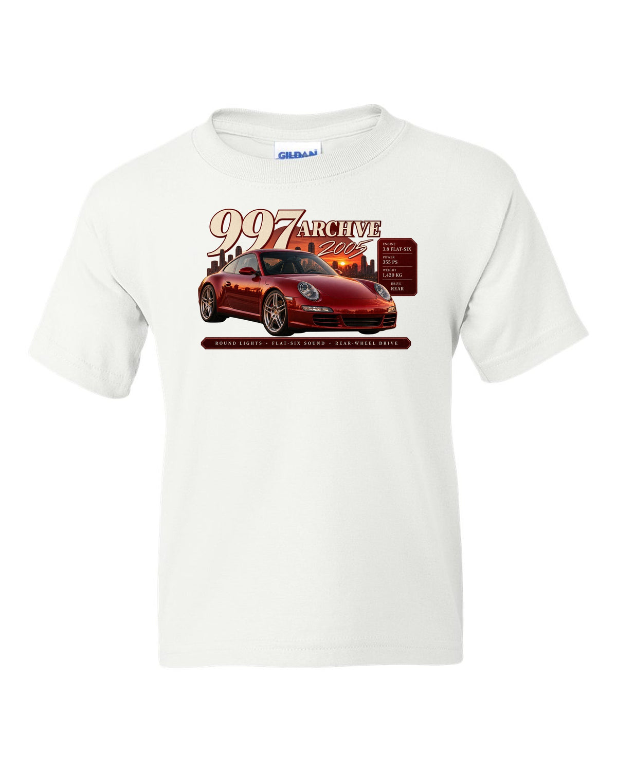 Archive panel print of a deep red Porsche 911 Carrera S 997.1 with 3.8 flat-six spec lines white kids tee front view with the design
