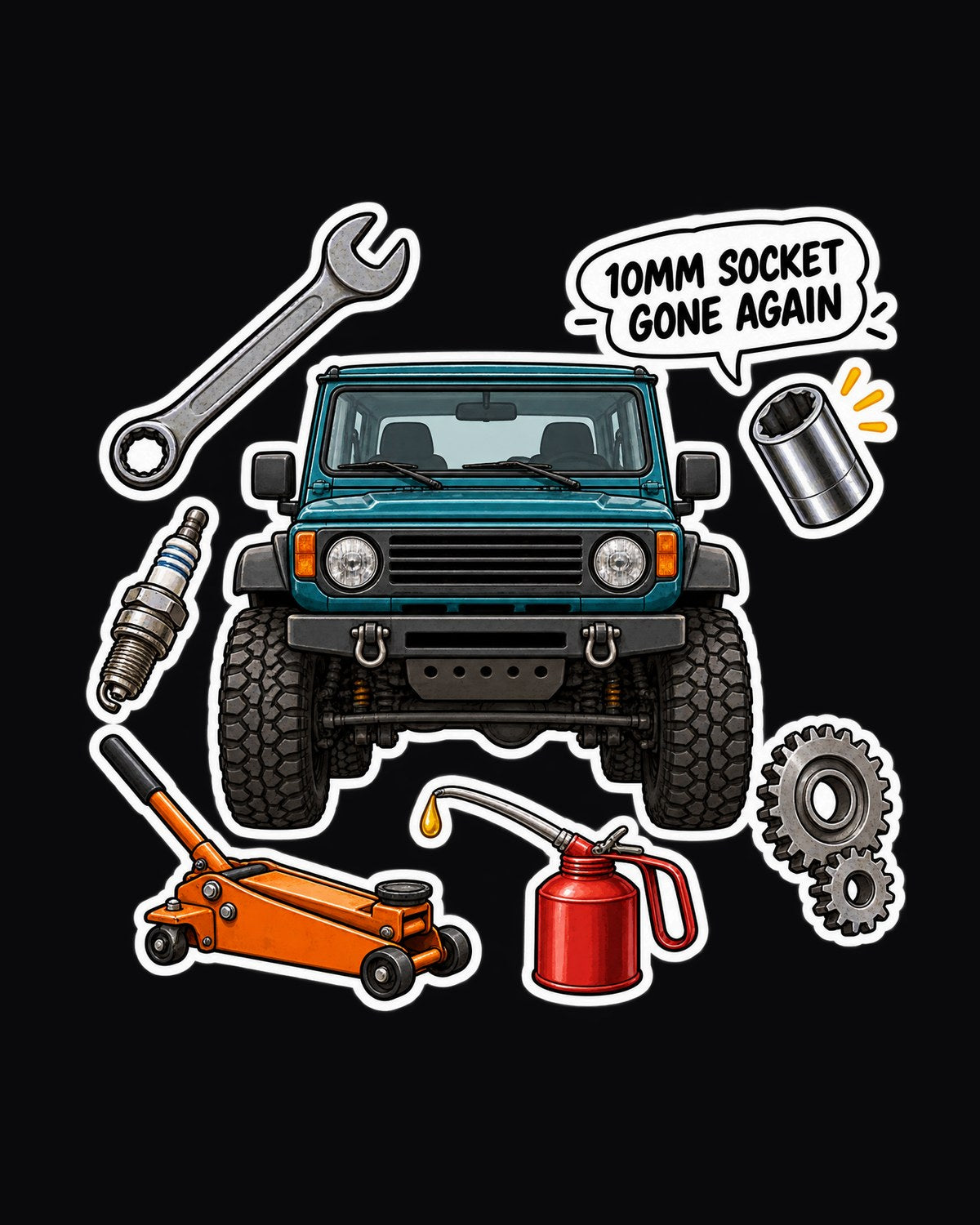 Wrangler TJ Workshop Sticker Bomb Tee, 10mm Socket Joke design only