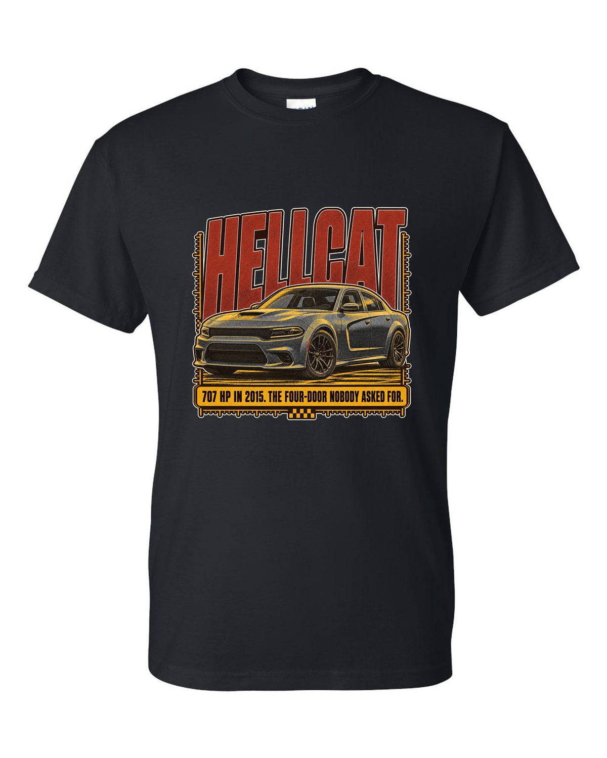 Dodge Charger SRT Hellcat halftone statement print reading 707 HP in 2015 black t-shirt front view with the design