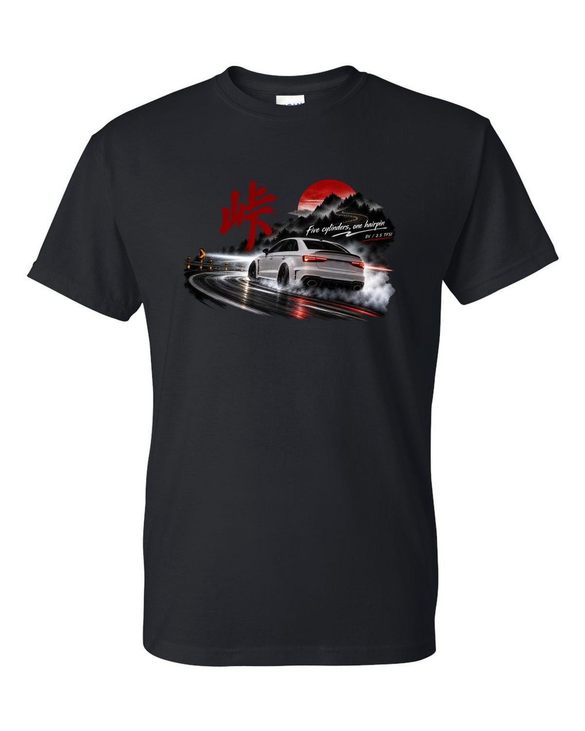 Audi RS3 8V sedan rear three-quarter sliding at night with touge kanji black t-shirt front view with the design